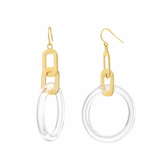 14k yellow gold over sterling silver acrylic dangle link earrings in clear Nickel-free Jewelry As Fashion Accessory, Modern Gold Dangle Jewelry, Formal Clear Lucite Jewelry, White Tarnish-resistant Drop Earrings, Trendy Gold Dangle Jewelry, Nickel-free Gold Jewelry, Lucite Hoop Earrings As Gift, Dangle Jewelry For Pierced Ears, Modern Pierced Dangle Jewelry