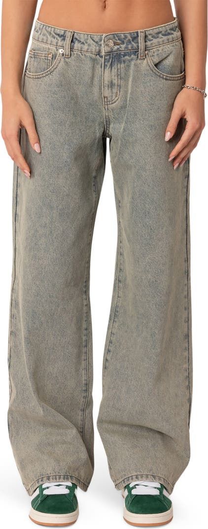 EDIKTED Magda Acid Wash Low Rise Jeans | Nordstrom Washed Black Cotton Flare Jeans, Light Wash Stonewashed Straight Leg Bottoms, Faded Straight Leg Rigid Denim Cargo Jeans, Light Wash Relaxed Fit Grunge Jeans, Faded Straight Leg Cargo Jeans In Rigid Denim, Light Wash Cotton Grunge Jeans, Grunge Straight Leg Washed Jeans, Grunge Light Wash Relaxed Fit Jeans, Faded Wide Leg Cropped Cotton Jeans