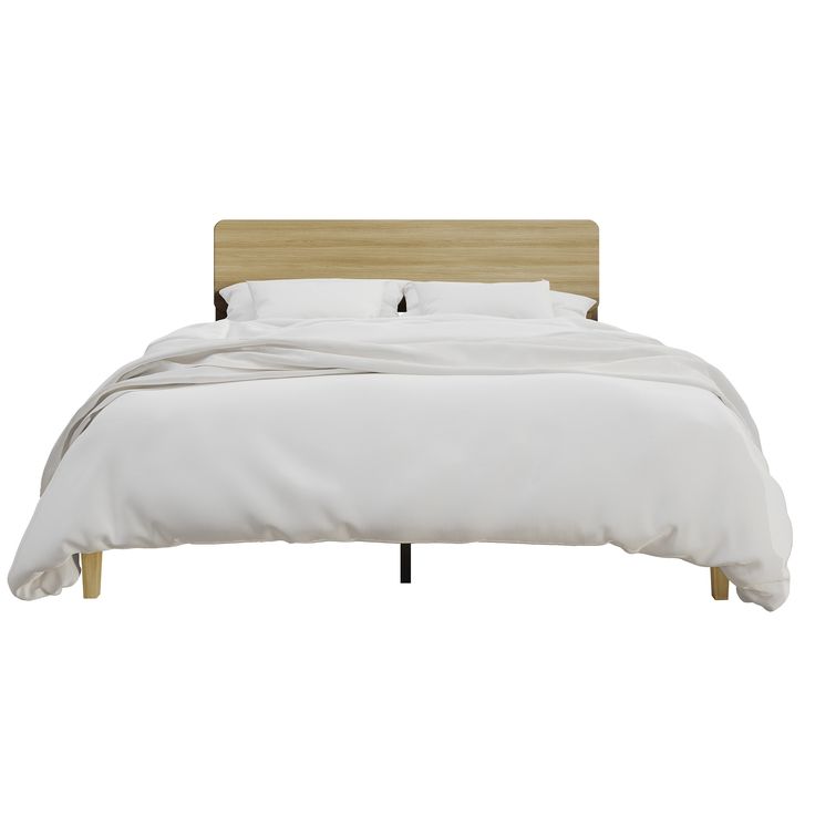 a bed with white sheets and wooden headboard on top of it, against a white background