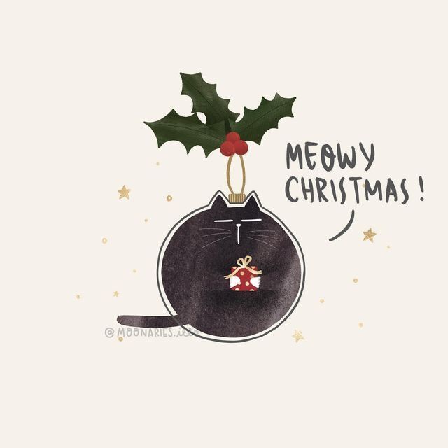 a christmas card with a black cat and holly on it's head that says meowy christmas