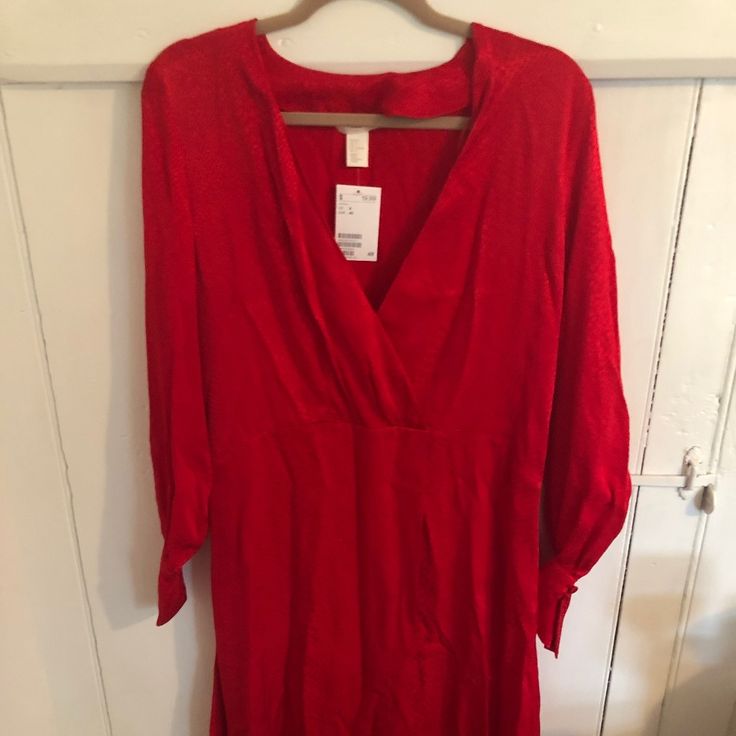 Beautiful Faux Wrap H&M Red Dress. Nwt. Wear To Work Or To Dinner. Button Detail On Sleeve. H&m V-neck Midi Dress For Fall, H&m V-neck Dress For Fall, H&m Long Sleeve Midi Dress For Fall, Red Buttoned Midi Dress For Fall, H&m V-neck Fall Dresses, H&m Long Sleeve Midi Dress For Party, H&m Long Sleeve Party Midi Dress, Long Sleeve H&m Midi Dress For Party, Silky Red Dress