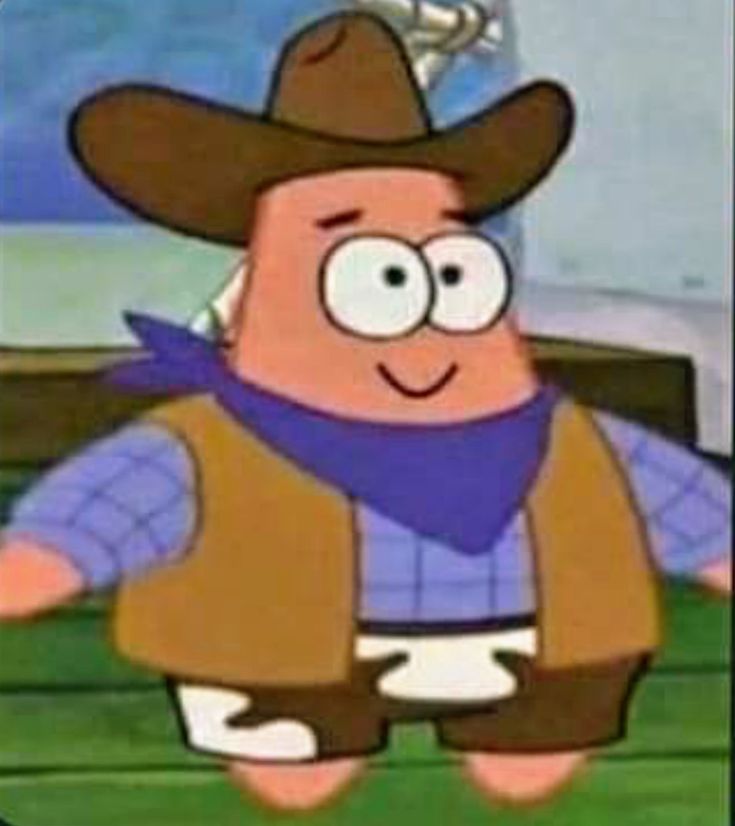 a cartoon character in a cowboy hat and vest with his arms out, standing on a wooden deck