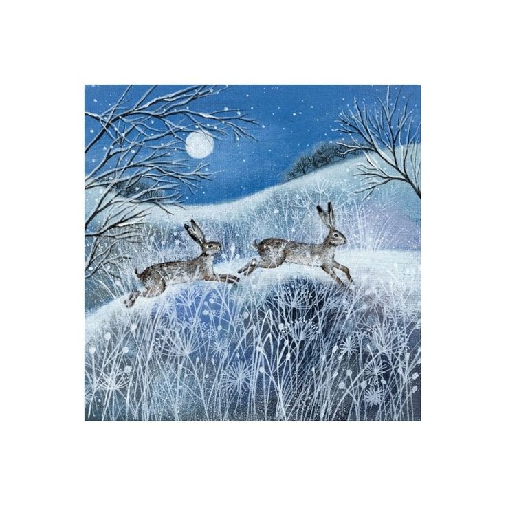 two rabbits running through the snow in front of trees and a full moon at night