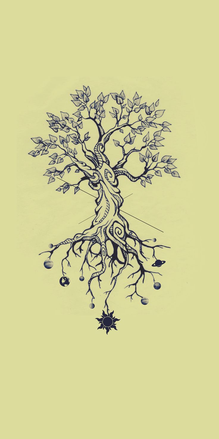 an ink drawing of a tree with many branches and fruits growing out of the roots