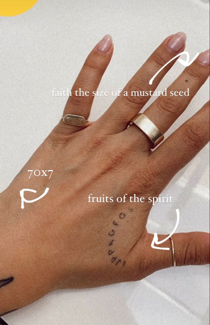 a woman's hand with three different rings on it and the words, fruit of the spirit