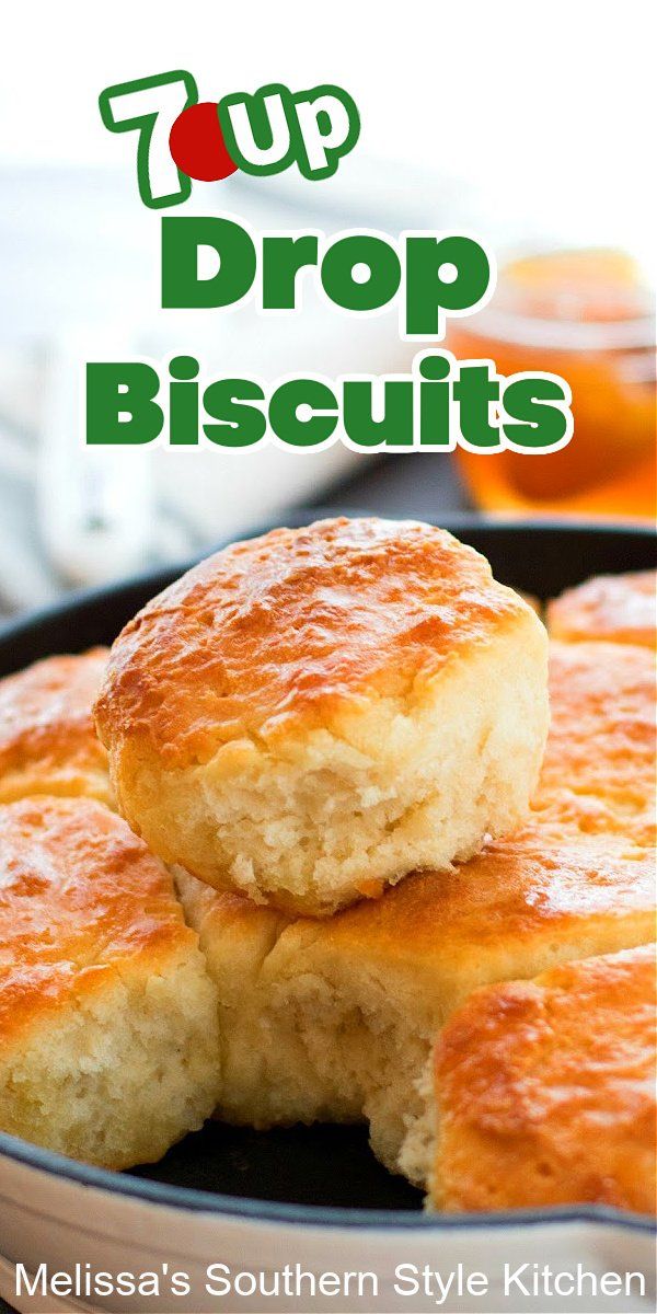 three biscuits in a pan with the words 7 up drop biscuits on top and below