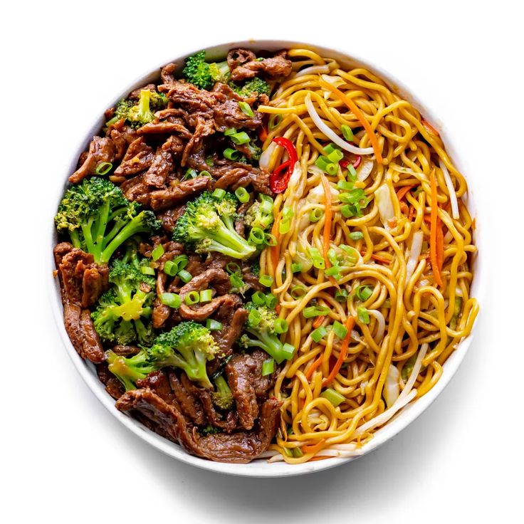 a white bowl filled with noodles, beef and broccoli on top of it