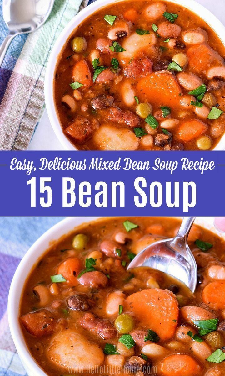 bean soup with carrots and peas in a white bowl on a blue checkered table cloth