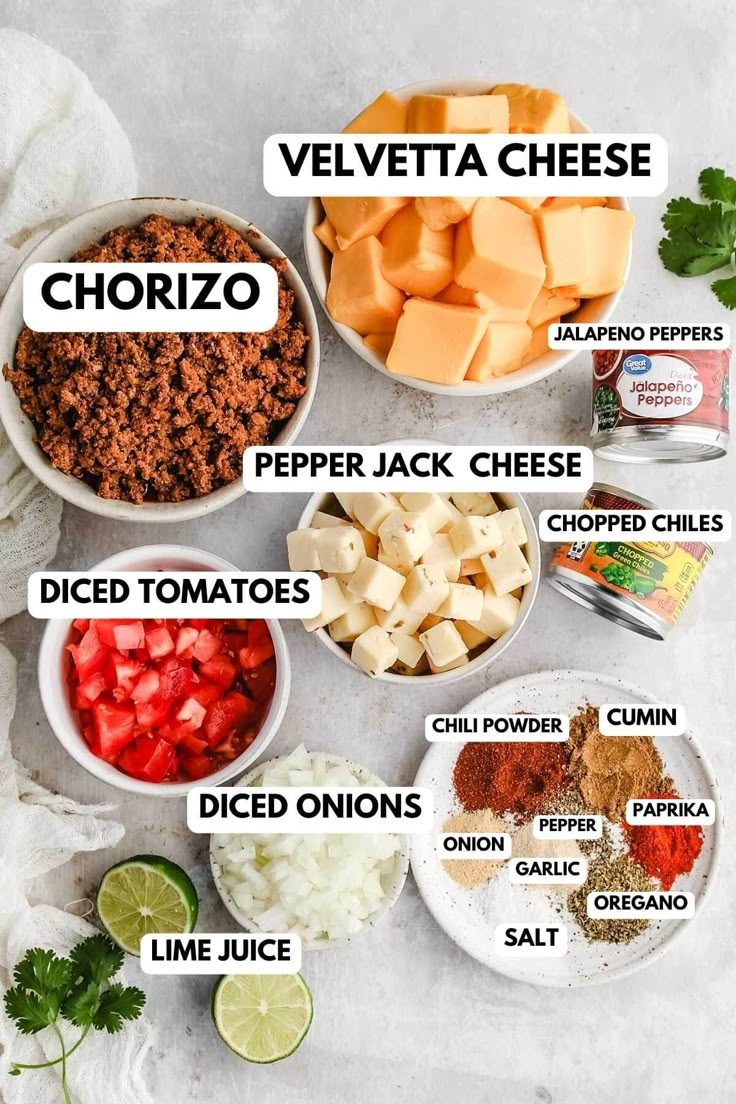 the ingredients to make this mexican dish are shown in bowls and labeled with their names