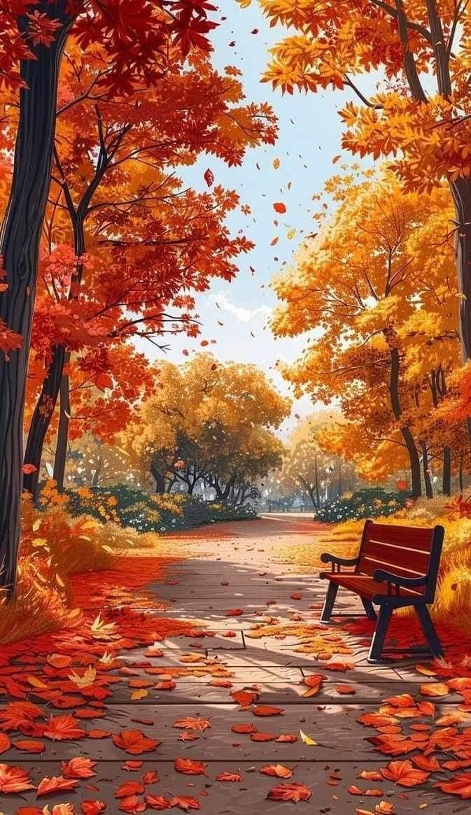 a painting of a park bench surrounded by fall foliage and trees with orange leaves on the ground