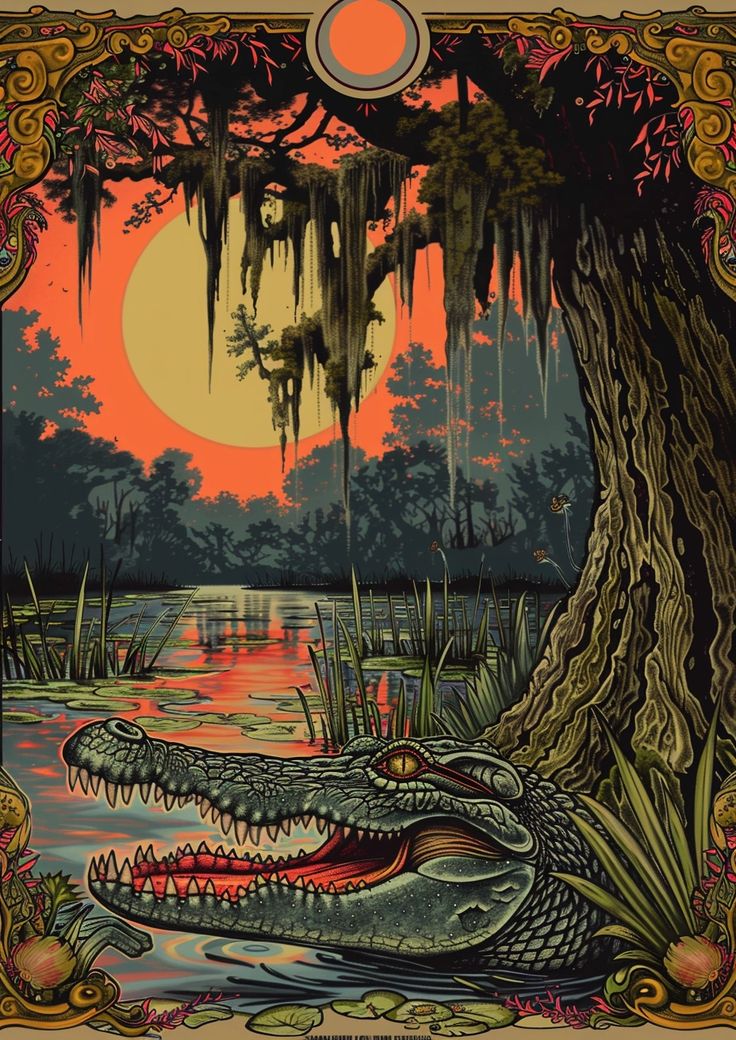 an alligator is sitting in the water under a tree with spanish moss hanging from it's branches