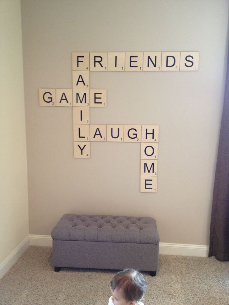 Scrabble wall feature for game room. MomAboutCharlotte.com Rec Room Basement, Gamer Room Diy, Deco Gamer, Game Room Lighting, Basement Games, Hangout Room, Scrabble Wall, Game Room Basement, Game Room Family