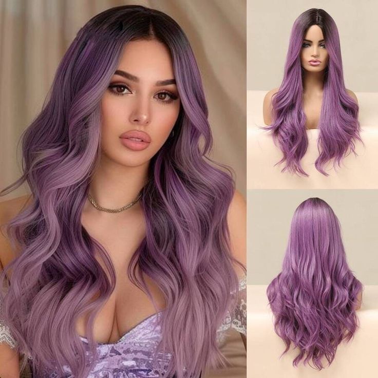 Ash Purple Hair Color, Purple And Lavender Hair, Purple Gradient Hair, Purple Hair Ombre, Loose Wave Wig, Long Purple Hair, Lavender Hair Colors, Purple Ombre Hair, Hair Challenge