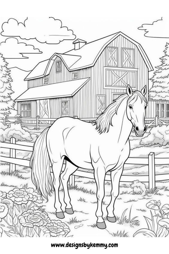 a horse standing in front of a barn with trees and flowers on the ground coloring page