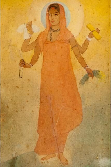 an old painting of a woman with two hands in the air and holding a bird