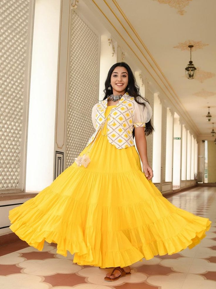 Gown Kurti, Women Long Gown, Kurti With Jacket, Haldi Dress, Gown With Jacket, Printed Anarkali, Long Gown Design, Yellow Gown, Anarkali Kurti