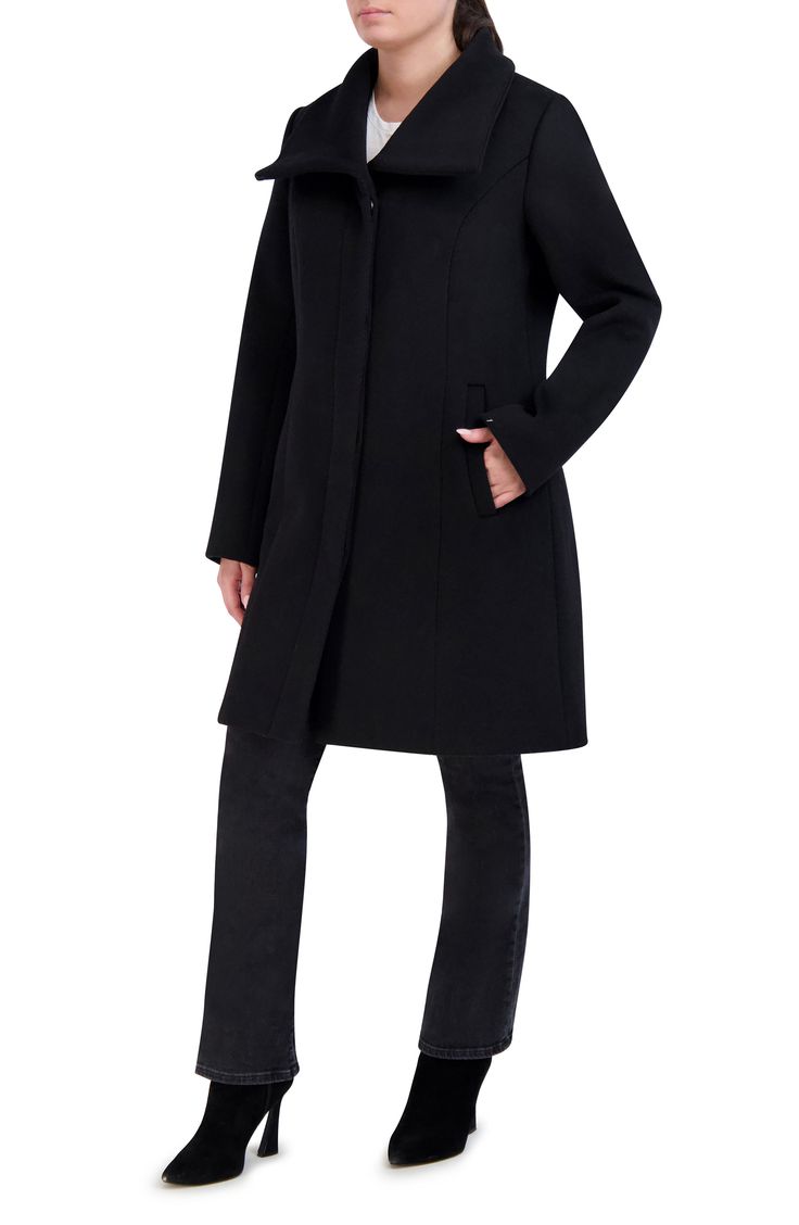 A showy collar and shapely seaming animate a wool-kissed coat that you'll reach for regularly. 36" length Front button closure Spread collar Front welt pockets Lined 65% polyester, 30% wool, 5% unidentified fibers Dry clean Imported Elegant Notch Lapel Outerwear For Cold Weather, Black Structured Outerwear For Business, Fitted Wool Coat With Stand Collar And Button Closure, Black Pea Coat With Concealed Placket For Fall, Elegant Cold Weather Outerwear With Pockets, Elegant Long Sleeve Outerwear With Padded Collar, Structured Wool Outerwear, Elegant Pea Coat With Stand Collar And Pockets, Fitted Fall Outerwear With Fold Down Collar