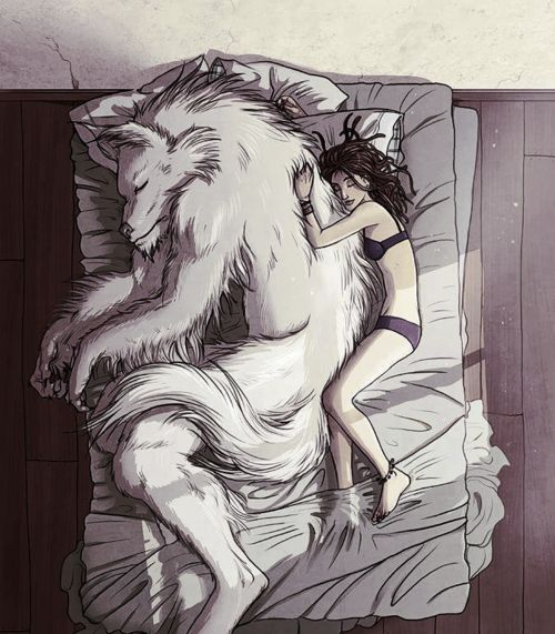 a drawing of a woman laying in bed next to a large white wolf on top of a pillow