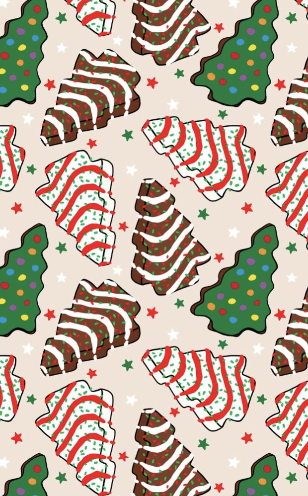 an image of christmas trees and stars on a pink background with green, red and white stripes