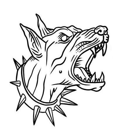 a black and white drawing of a dog's head with spikes on its teeth