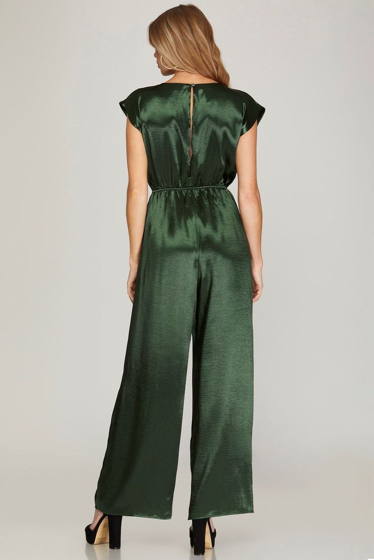 Satin-ish sheen on this gorgeous jumpsuit! Sizing: Small 4-6, Medium 8-10, Large 12-14 Formal Full-length Jumpsuits And Rompers For Spring, Full Length Formal Jumpsuits And Rompers For Spring, Spring Party Pantsuit Overalls, Spring Party Overall Pantsuit, Chic Fitted Satin Jumpsuits And Rompers, Spring Evening Satin Jumpsuits And Rompers, Chic Green Evening Jumpsuits And Rompers, Chic Green Jumpsuits And Rompers For Night Out, Fitted Satin Jumpsuits And Rompers For Work