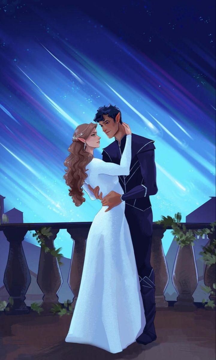 a man and woman dressed in formal wear dance under the night sky