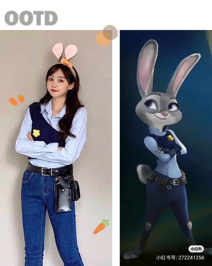 an image of a woman with bunny ears on her head standing next to a photo of a rabbit