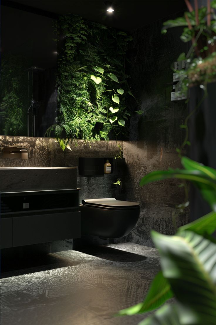 a bathroom with plants on the wall and a toilet in the middle is lit up