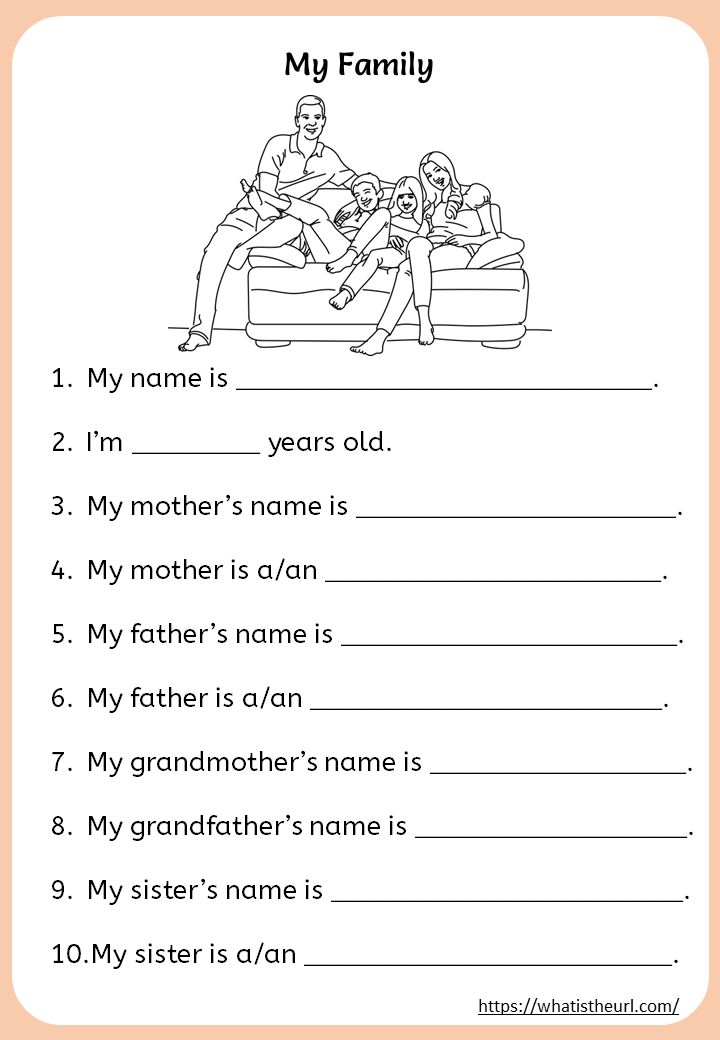 a worksheet with the words my family and two children sitting on a couch