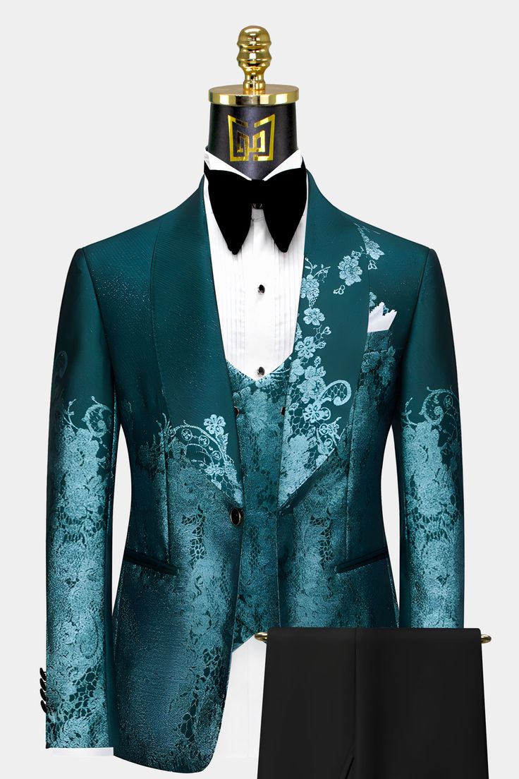 Teal Green Suits For Men, Teal Blue Groom Suit, Dark Teal Tuxedo, Teal Groomsmen Attire, Embroidered Suit Men, Blue Victorian Suit Men, Rapunzel Prom, Men’s Teal Suit, Floral Suit Men