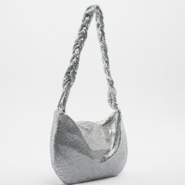 Shoulder Bag With Shiny Metallic Mesh Exterior. Braided Shoulder Strap. Zip Closure. Glamorous Summer Clutch Bag, Chic Silver Zara Shoulder Bag, Silver Zara Shoulder Bag For Evening, Zara Silver Evening Shoulder Bag, Zara Silver Shoulder Bag For Evening, Chic Silver Bag For Summer, Chic Silver Bags For Summer, Trendy Zara Party Bag, Trendy Zara Bag For Party