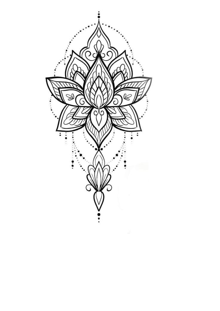 a black and white drawing of a lotus flower on a white background with an intricate design