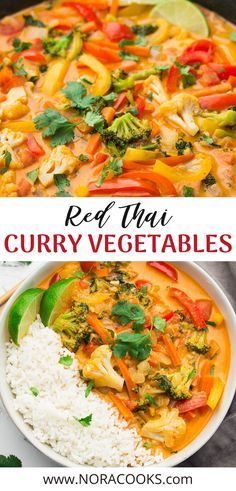 red thai curry vegetables and rice in a white bowl