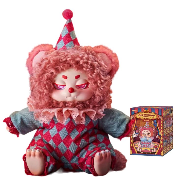 a teddy bear with pink hair wearing a clown hat and sitting next to a box