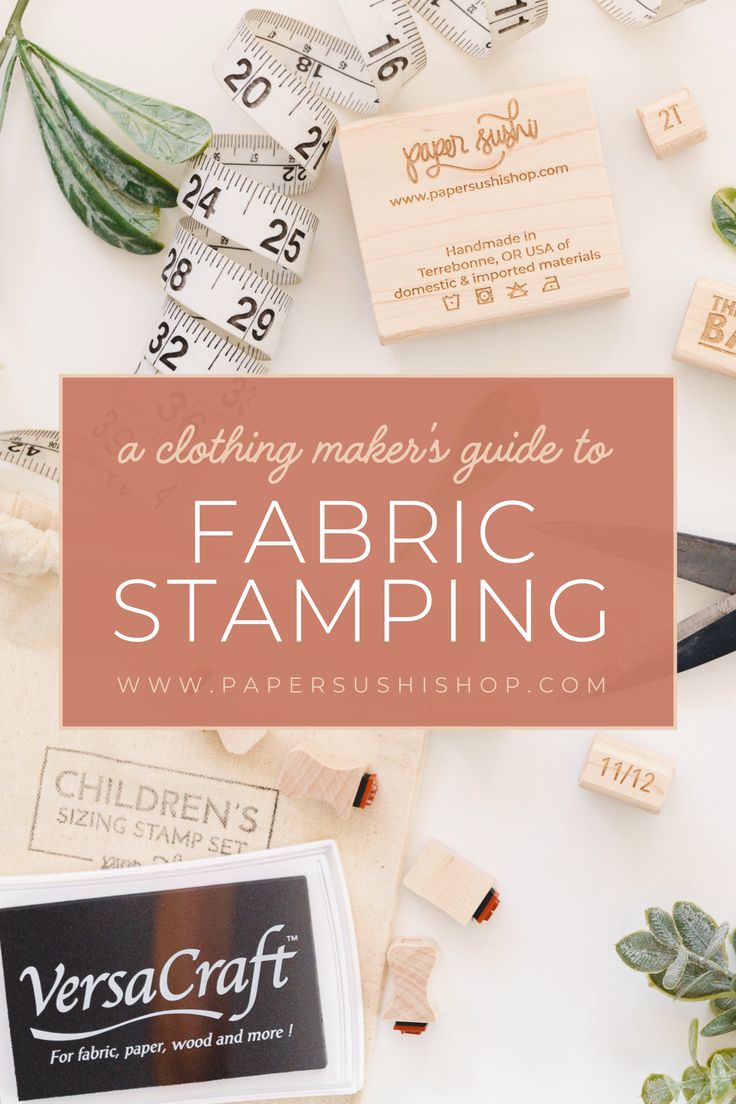 Engraved rubber stamps, ink pads, and clothing making supplies are spread across a white table. Ink Stamps On Fabric, Fabric Stamping Diy, Stamp On Fabric, How To Make Ink, Stamping On Fabric, Paper Sushi, Stamping Fabric, Fabric Techniques, Stamping Textiles