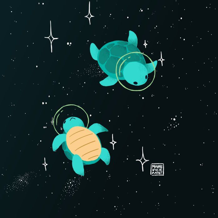 two sea turtles floating in the air with stars and sparkles around them on a black background