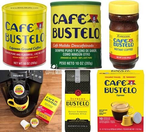 several different types of coffee products on a wooden table with the words cafe bustelo written in spanish