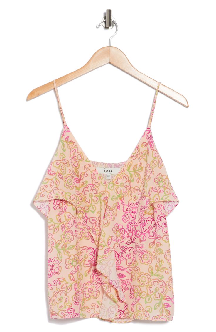 A fluttery ruffle cascades down a lightweight silk camisole abloom with a colorful floral print. 26" length (size Medium) V-neck 100% silk Hand wash, line dry Imported Spanish Villa, Inheritance Games, Silk Camisole, Floral Ruffle, In Spanish, Nordstrom Rack, Floral Print, Floral Prints, Villa