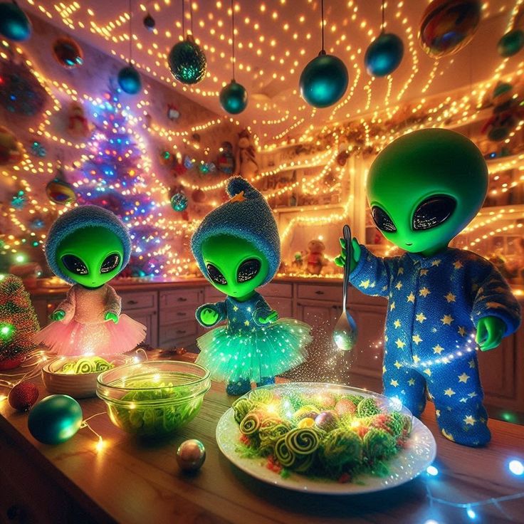 three alien figurines are standing in front of a christmas cake with lights on it