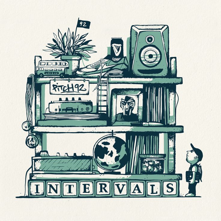 an illustration of a shelf with books, speakers and other things on top of it