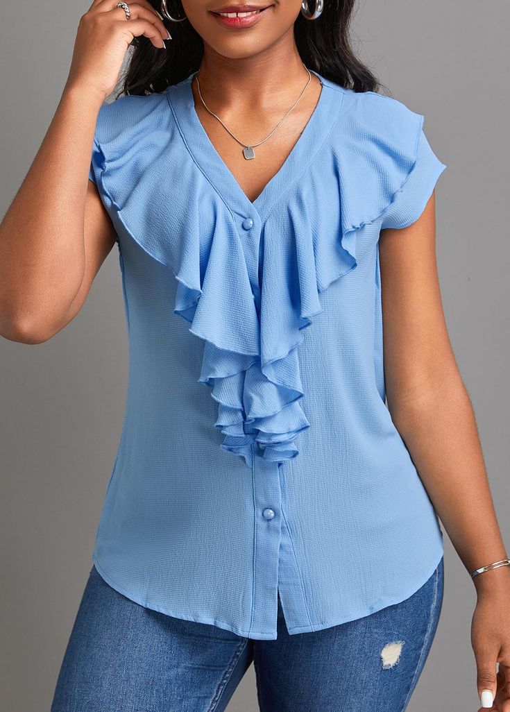 Package Contents : 1 X Blouse Color : Light Blue Printing Design : Plain Color Clothing Length : Regular Sleeve's Length : Short Sleeve Neckline : V Neck Sleeve Style : Body Sleeve Season : Summer Style : Casual,Work Occasion : Everyday,Wear to Work Composition : 95% Polyester 5% Spandex Washing Instructions : Hand Wash/Machine Wash See More Blue V-neck Tops With Buttons, Blue V-neck Top With Buttons, Light Blue Buttoned V-neck Blouse, Light Blue V-neck Top For Office, Blue Sleeveless Buttoned Blouse, Sleeveless Blue Blouse With Buttons, Chic Light Blue Top With Buttons, Blue Short Sleeve Blouse, Light Blue Shorts