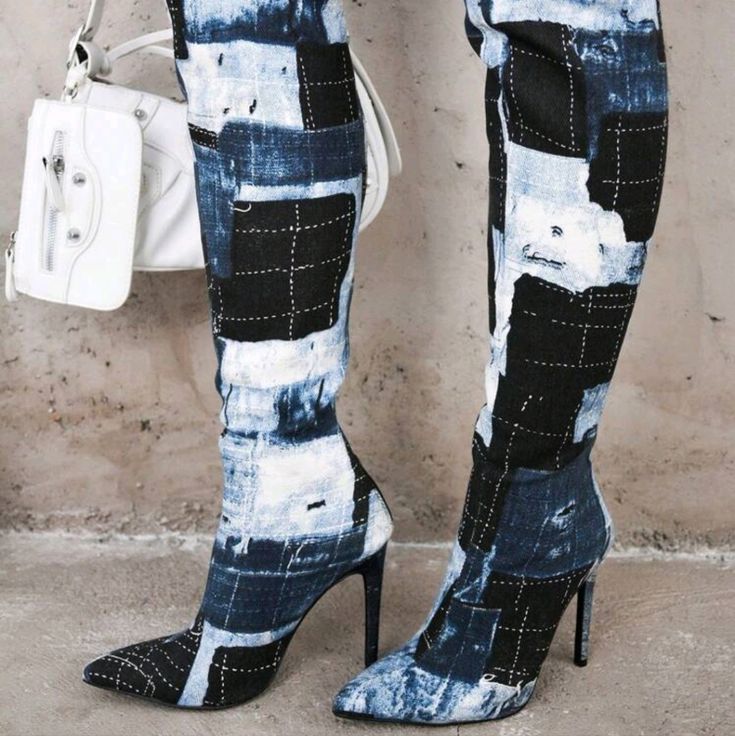 Rhinestone Denim Thigh-High Boots Back Zipper Upper Material: Fabric Insole Material: Fabric Outsole Material: Rubber Fitted Blue Knee-high Boots For Fall, Trendy Fitted Rhinestone Boots, Trendy Fitted Denim Blue Boots, Fitted Denim Knee-high Boots, Trendy Blue Boots With Rhinestones, Trendy Fitted Blue Knee-high Boots, Blue Fitted High Heel Knee-high Boots, Chic Blue Knee-high Boots, Chic Fitted Blue Knee-high Boots