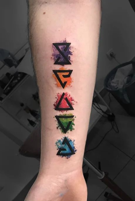 a person with a tattoo on their arm that has five different colors and shapes in it