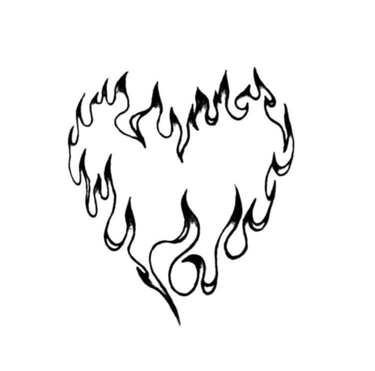 a black and white drawing of flames in the shape of a heart on a white background