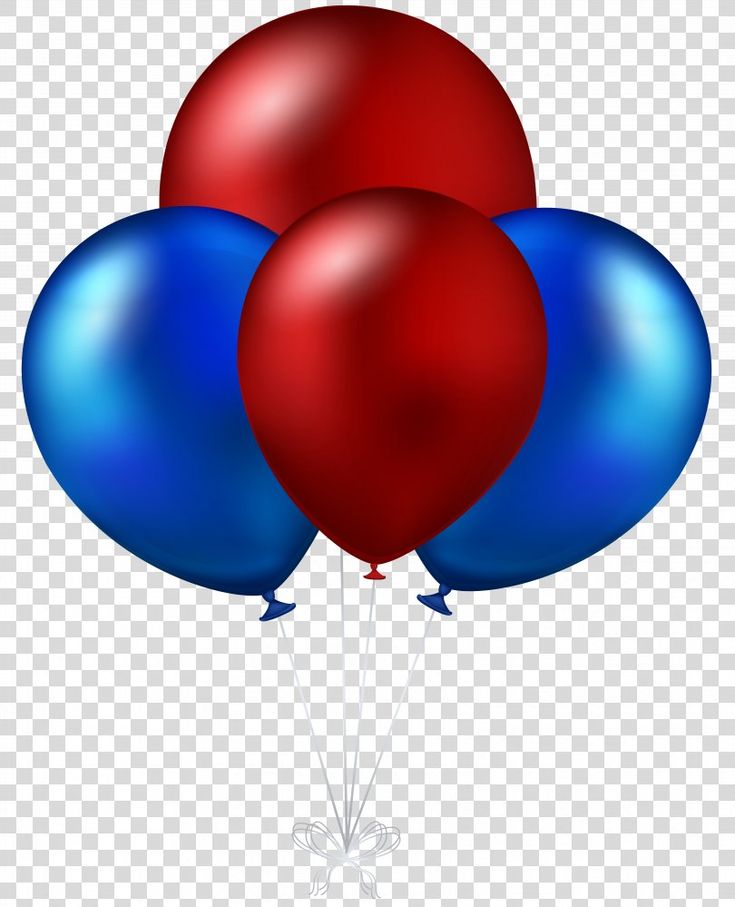 three red and blue balloons flying in the air, on a transparent background png clipart