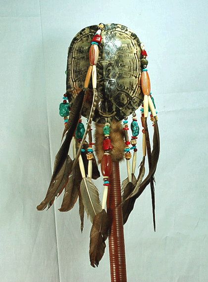 One of a Kind Shaman Ceremonial Staff with Turtle by Turtlesanvil on Etsy $375 Turtle, carnelian, turquoise, pearls, red agate, mother of pearl, bone, quartz, silver, coconut shell, fish vertebra, coral, feathers Shaman Staff, Turtle Medallion Native American, Beaded Turtle Native American, Festival Amulet Style Hand-strung Beaded Necklaces, Shaman's Mask, Turtle Shells, Shell Animals, Shell Fish, Animal Totem