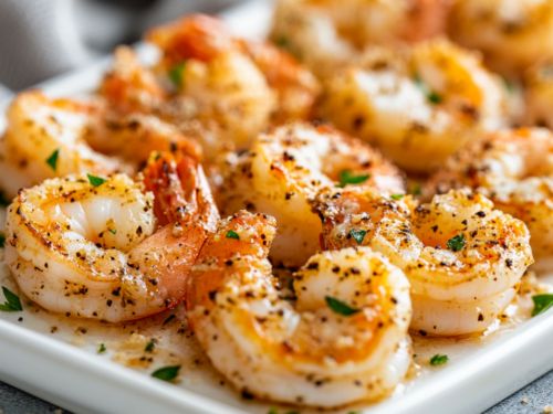 a white plate topped with cooked shrimp and garnished with parmesan sprinkles