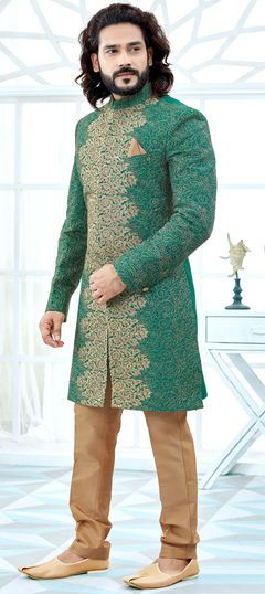 Green color Sherwani in Art Silk fabric with Embroidered, Thread work Green Sherwani With Zari Work, Green Sherwani With Zari Work Straight Kurta, Green Sherwani With Zari Work, Straight Kurta Style, Green Semi-stitched Bandhgala With Resham Embroidery, Green Bandhgala With Resham Embroidery For Festivals, Green Long Sleeve Designer Sherwani, Festive Green Sherwani With Resham Embroidery, Green Designer Sherwani For Transitional Season, Designer Green Sherwani For Diwali