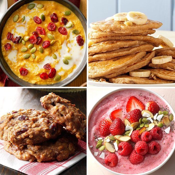 four different pictures with various foods and desserts in them, including pancakes, oatmeal, strawberries, milk