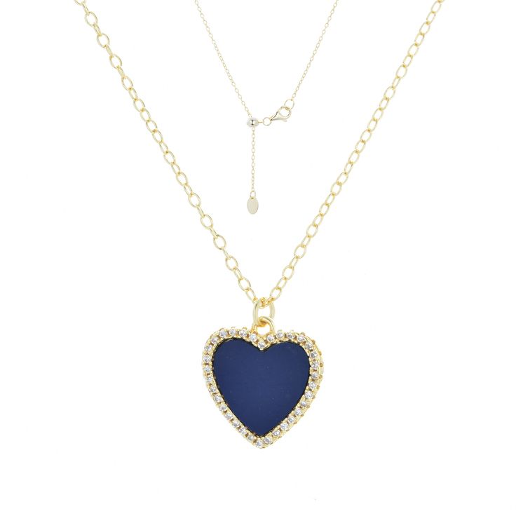 Lab-created Blue lapis heart necklace surrounded by sparkling crystals. Set in 925 Sterling silver and plated in gold. Wear alone everyday or add to other layering pieces for a pop of color. The chain is 925 Sterling silver and is adjustable from choker length to 18 inches with slider ball. Sterling silver Lab-created blue lapis Crystals Dimensions Elegant Blue Necklaces With Heart Charm, Luxury Blue Jewelry For Valentine's Day, Blue Luxury Necklace For Valentine's Day, Elegant Blue Necklace With Heart Charm, Blue Pendant Necklace With Cable Chain, Blue Heart Pendant Clavicle Chain Jewelry, Blue Heart Necklace With Adjustable Chain, Sapphire Heart Pendant Necklace With Heart Charm, Blue Heart-shaped Gold-plated Jewelry